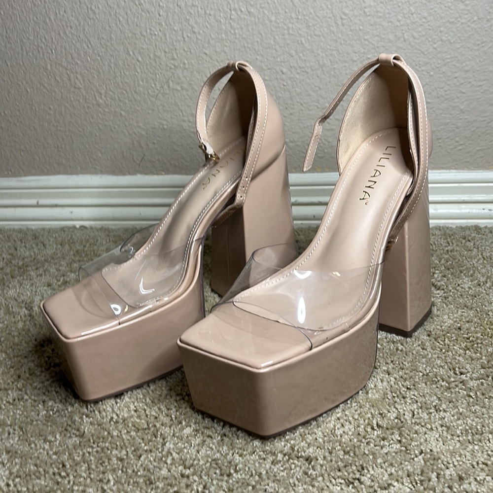 Clear Nude Platform Block Heels Gem